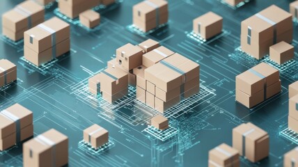 A digital representation of various cardboard boxes arranged on a circuit-like background, symbolizing logistics and technology in modern shipping.