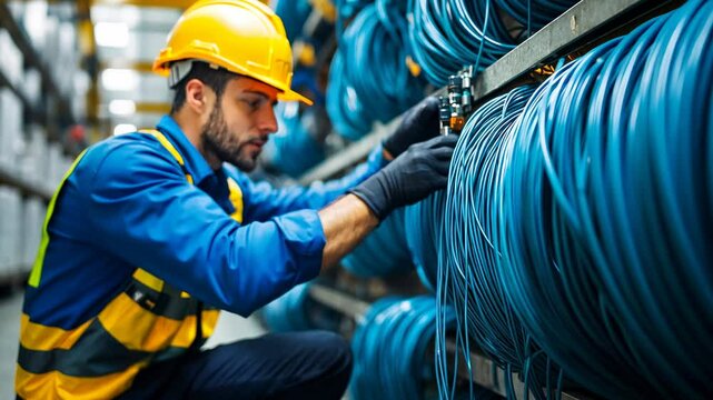 Focused technician inspecting blue cables in industrial warehouse setting - Powered by Adobe