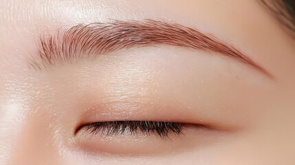 Obraz premium Close Up of a Female Eye with Professionally Applied Makeup Showing Textured Eyebrow and Shimmering Glitter on Eyelid in Soft Focus