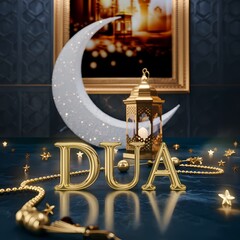 Luxurious Ramadan crescent embracing Golden lantern shining stars detailed rosary elegant 3D gold Dua typography in warm mystical cinematic setting embodying spirituality serenity and festive devotion