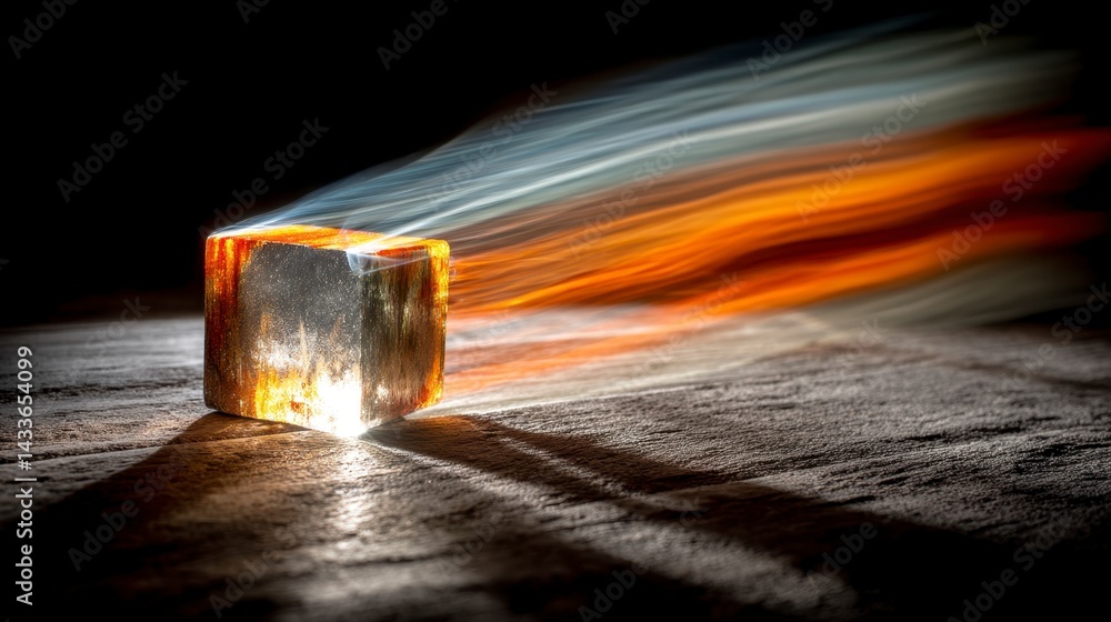 Poster abstract image of a glowing translucent cube with streaks of light and motion blur against a dark ba