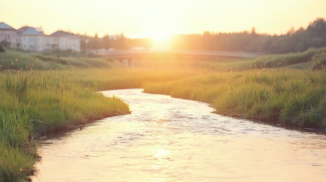 Fototapeta Serene Sunset Over a Grassy River Bend