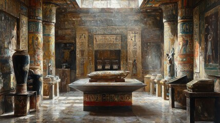 A sunbeam illuminates a sarcophagus in a tomb chamber decorated with hieroglyphs and ancient statues.