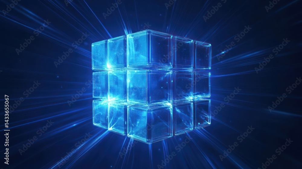 Poster glowing cube a shimmering grid with radiant energy in the abstract space
