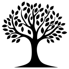 Black vector tree design with detailed branches and leaves layout in minimalistic style