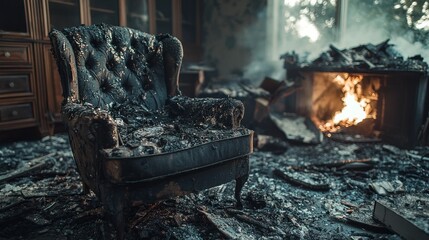 A chair is burned and surrounded by debris