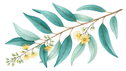 Teal Eucalyptus Branch with Yellow Flowers, Watercolor Botanical Illustration Isolated on Transparent Background, , Eucalyptus, Botanical, Watercolor