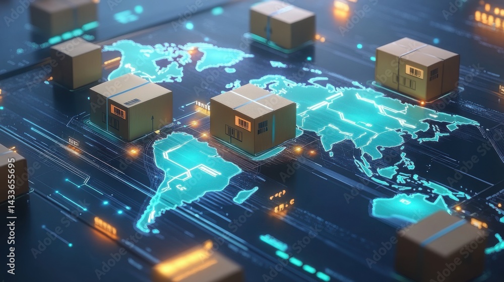 Poster a digital representation of a global shipping network, featuring illuminated maps and cargo boxes, i