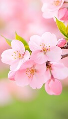 Obraz premium Delicate pink blossoms cluster on a branch, soft green background blurring