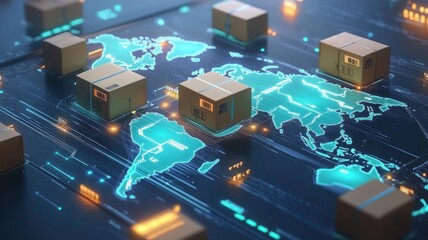 A digital representation of a global shipping network, featuring illuminated maps and cargo boxes, illustrating logistics and supply chain dynamics.