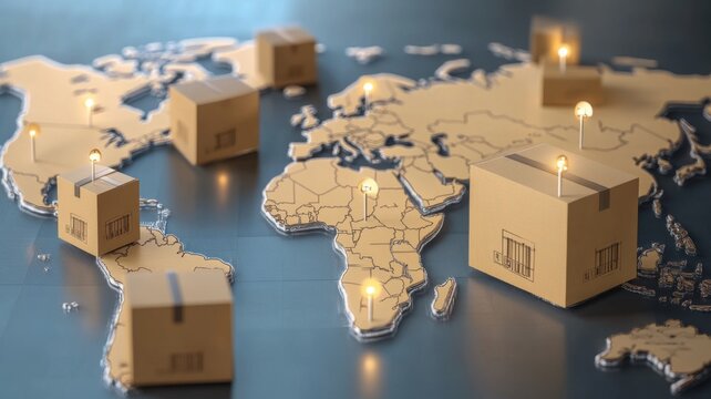 A digital map showcases cardboard boxes with lights, symbolizing global shipping and logistics across various countries.