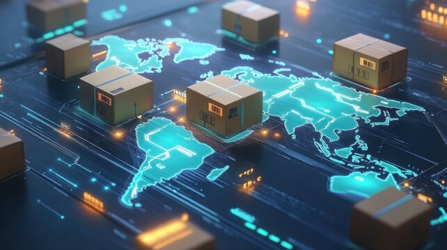A digital representation of a global shipping network, featuring illuminated maps and cargo boxes, illustrating logistics and supply chain dynamics. - Powered by Adobe