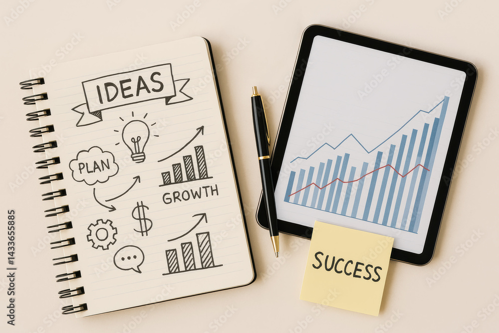 Poster ideas for growth and success displayed in a notebook tablet and pen with charts and sketches visual 