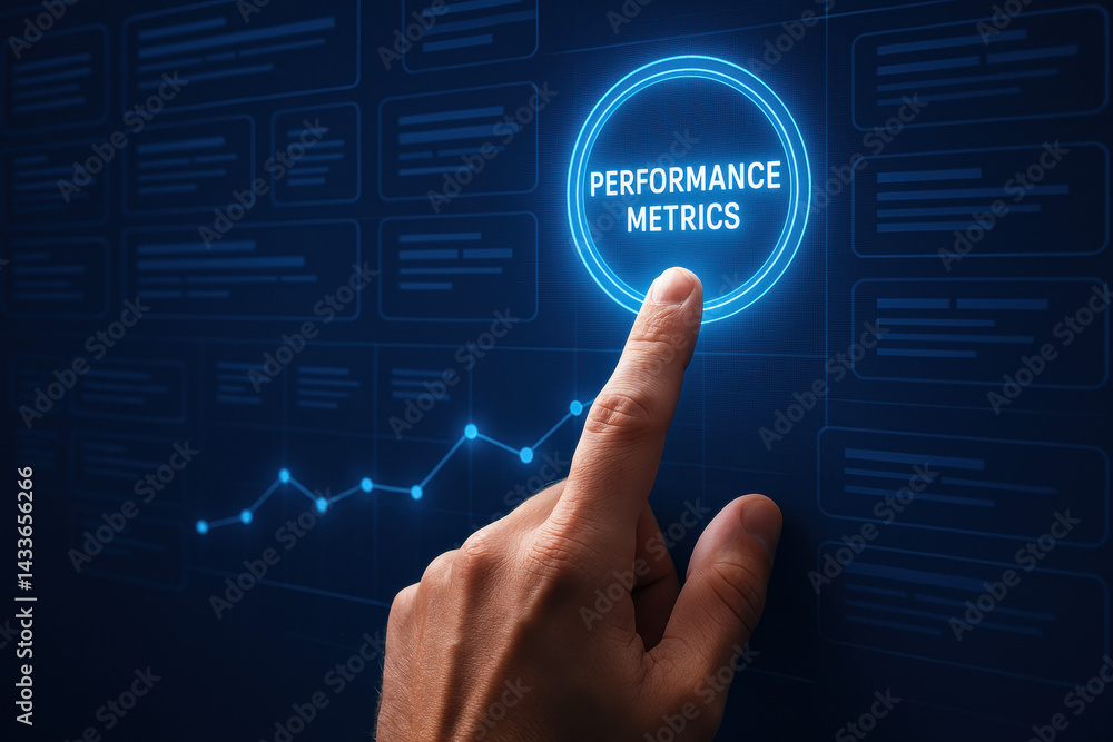 Poster a hand interacting with a digital interface highlights performance metrics illustrating strategic de
