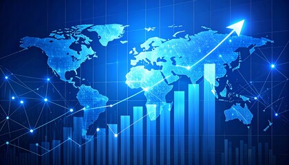 High-Tech Global Business Growth Chart with Blue World Map and Data Visualization Elements