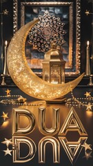 Luxurious Ramadan crescent embracing Golden lantern shining stars detailed rosary elegant 3D gold Dua typography in warm mystical cinematic setting embodying spirituality serenity and festive devotion
