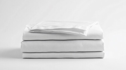Neatly Stacked Clean Bed Sheets on White Background