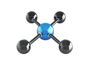 A blue sphere is connected to four chrome spheres  on Png Format and Transparent Background