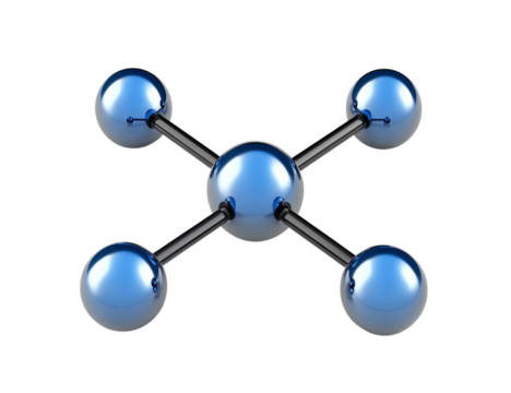 A blue sphere is connected to four chrome spheres  on Png Format and Transparent Background
