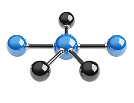 A blue sphere is connected to four chrome spheres  on Png Format and Transparent Background