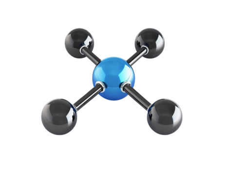 A blue sphere is connected to four chrome spheres  on Png Format and Transparent Background