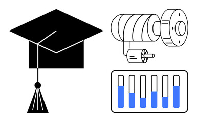 Graduation cap, mechanical component, and test tubes symbolizing education, engineering, science, innovation, research, STEM fields and knowledge. Ideal for learning platforms tech concepts or