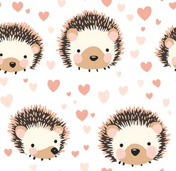 Autumn seamless pattern with cute hedgehogs, their spines forming heart shapes in pastel hues