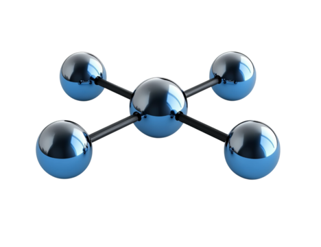 A blue sphere is connected to four chrome spheres  on Png Format and Transparent Background