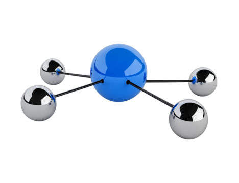 A blue sphere is connected to four chrome spheres  on Png Format and Transparent Background