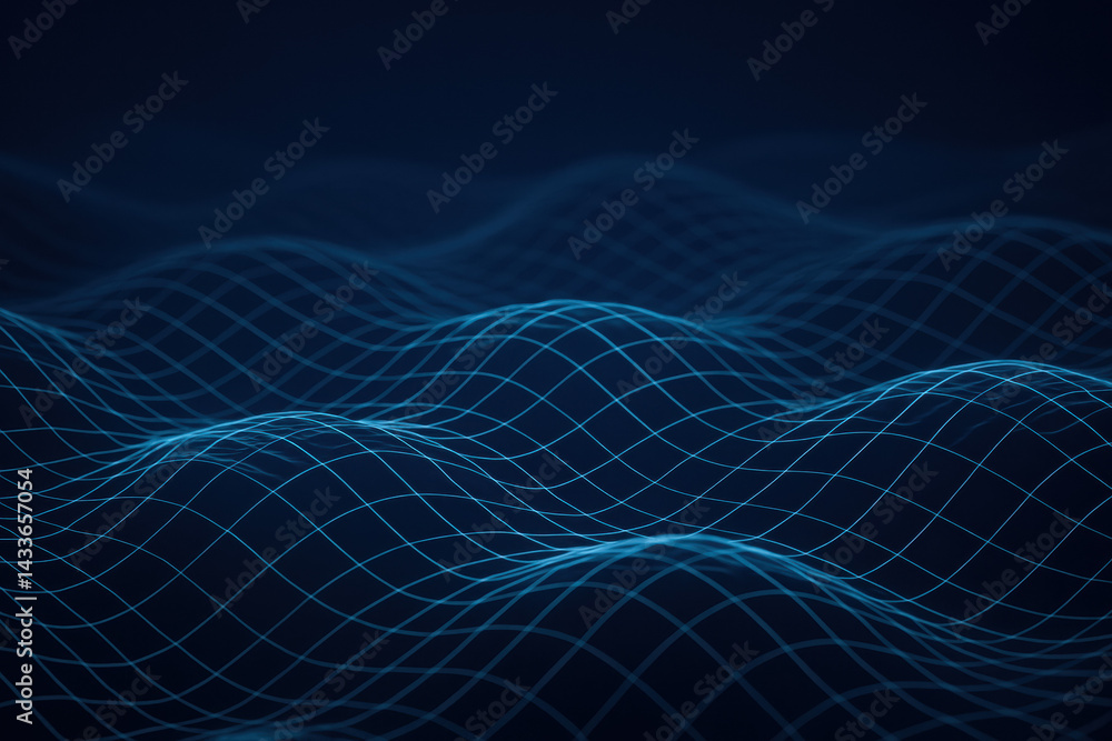 Poster an intricate wave grid composed delicate thin curved lines undulates gracefully on a deep midnight b