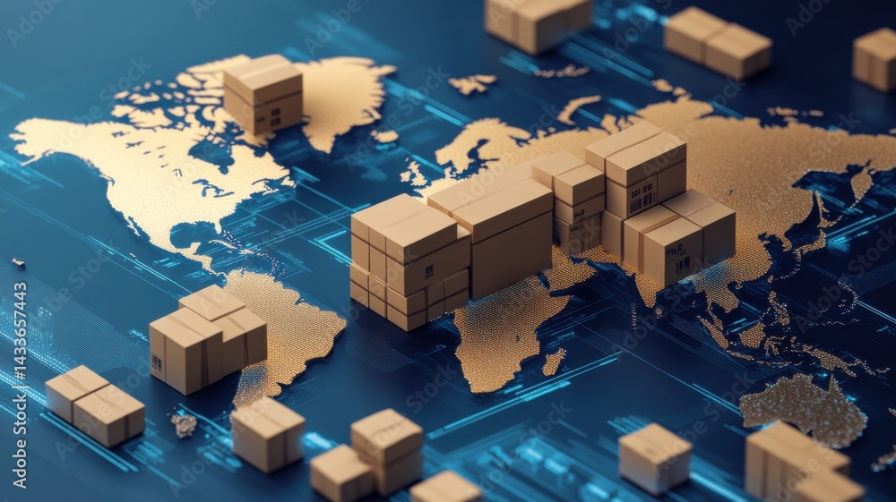 Poster a digital representation of a world map with 3d shipping boxes, illustrating global trade and logist