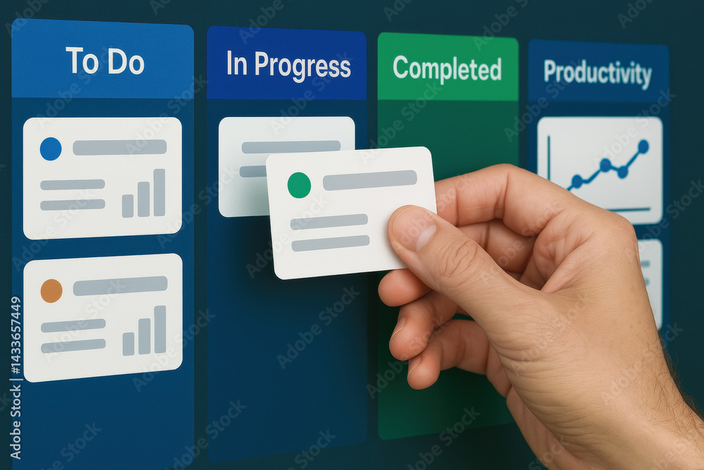 Aufkleber a business strategy is illustrated by moving task cards across boards highlighting decision-making a