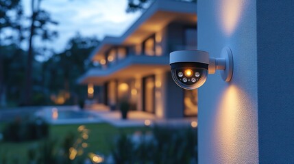 Security camera mounted on wall outside a modern house at dusk.