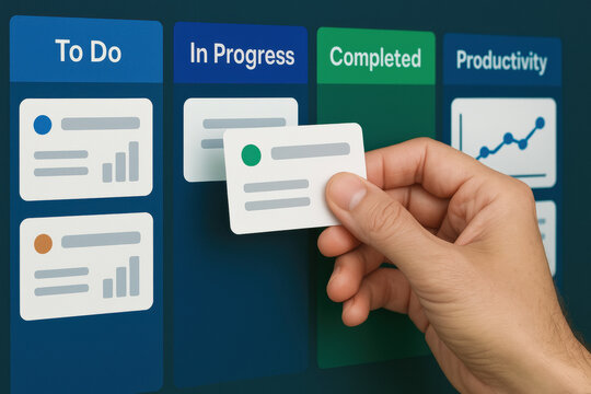 A business strategy is illustrated by moving task cards across boards highlighting decision-making and efficient workflow management