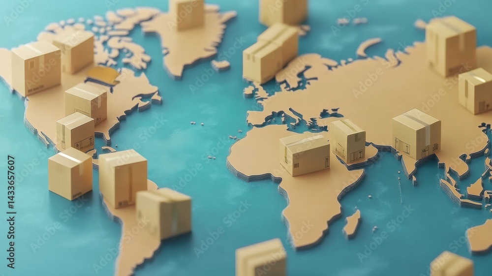 Poster a stylized world map with cardboard boxes representing global shipping and logistics, emphasizing co