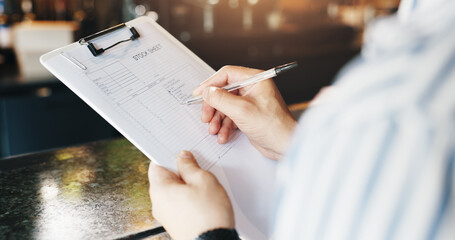 Person, hands and writing with inventory at cafe for stock sheet, checklist or catering service....