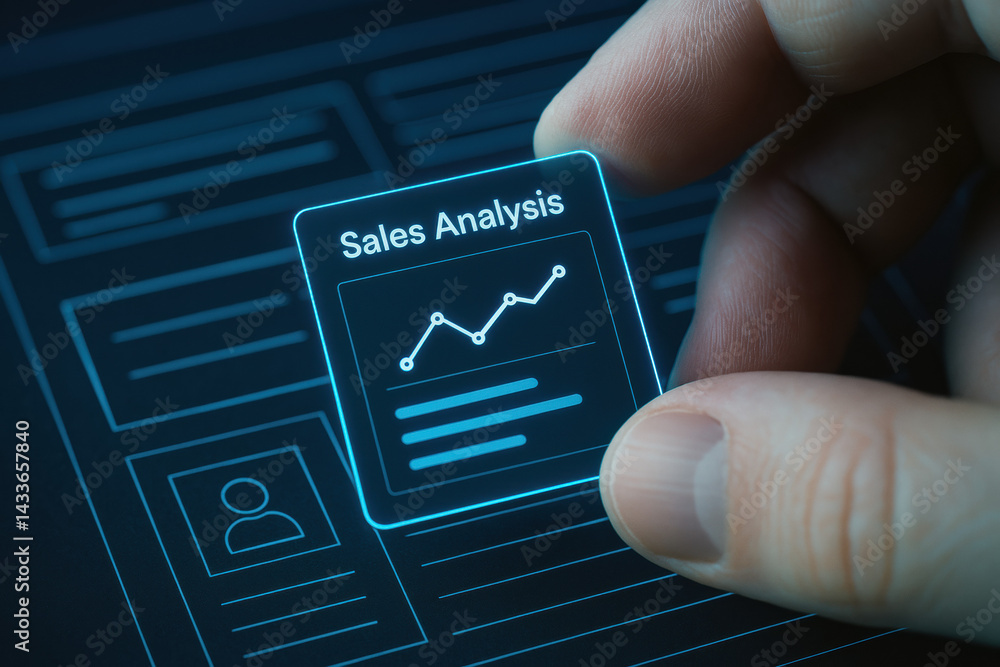 Poster a closeup view a dragging a sales analysis widget onto a digital report grid illustrating business s