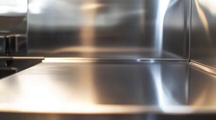 Closeup of a shiny stainless steel countertop with a corner reflection.