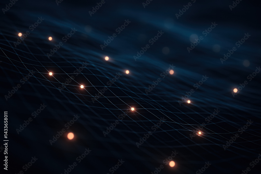 Poster this dark digital mesh grid with glowing connection points represents strategic innovation and growt
