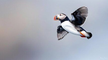 Puffin In Flight Against Light Gray Background