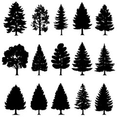 Obraz premium Vector silhouettes of various tree shapes arranged in a grid pattern for design use