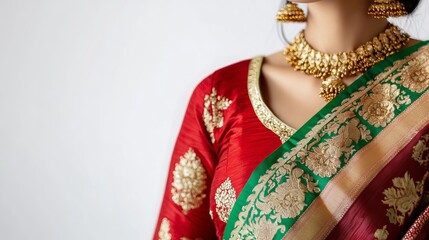 Elegant Red and Green Indian Silk Saree with Gold Embroidery Beautiful Traditional Women's Festive Clothing Indian Wedding Attire South Asian Fashion 