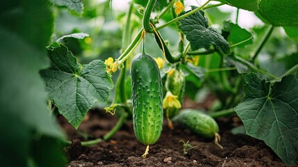 Obraz premium Fresh green cucumber growing on plant with leaves and yellow flowers in vegetable garden