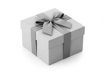 Fototapeta premium White square gift box mockup with silver ribbon and bow isolated on white background