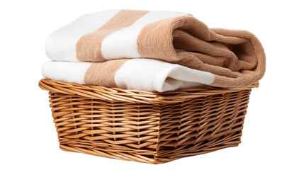 Striped towels neatly arranged in a woven wicker basket