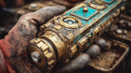 close up view of hand holding dirty, worn mechanical valve with turquoise and gold finish, showcasing texture and details