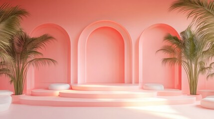 Pink archway display with tiered platform and tropical plants.