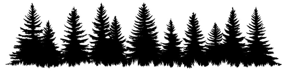 Vector art depicting a silhouette of conifer trees against a white background