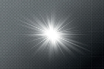 Bright white light burst with radiant beams and soft glowing edges on transparent background. Vector illustration of sunlight effect with glare and flare elements for highlights and design