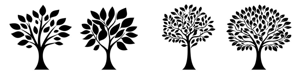 Fototapeta premium Black vector trees showing different leaf shapes and designs for graphic use and illustration
